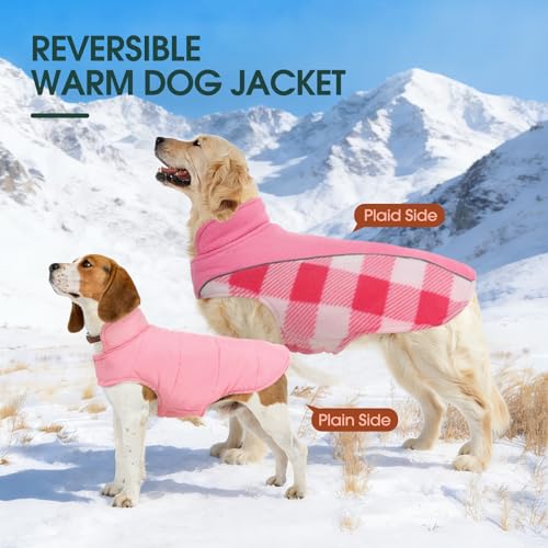 Kuoser Dog Winter Coat, Reversible Waterproof Dog Jacket with Reflective Strip, Warm Dogs Fleece Vest Adjustable Doggy Cold Weather Clothes Plaid Christmas Outfit Pet Apparel for Medium Dogs, Pink M - color: Pink, size: Medium (Chest Girth: 17.3-20.9'' )