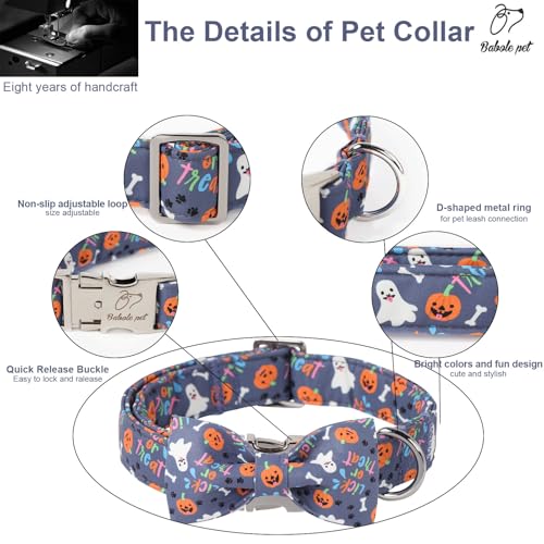 Halloween Dog Collar with Bow Tie - Cute Ghost Pumpkin Halloween Puppy Collar, Adjustable Metal Buckle Holiday Bowtie Dog Collars for Small Medium Large Dogs S - color: B-Navy Ghost Pumpkin, size: S