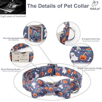 Halloween Dog Collar with Bow Tie - Cute Ghost Pumpkin Halloween Puppy Collar, Adjustable Metal Buckle Holiday Bowtie Dog Collars for Small Medium Large Dogs S - color: B-Navy Ghost Pumpkin, size: S