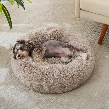 Calming Dog Bed & Cat Bed, Anti-Anxiety Donut Cuddler Warming Cozy Soft Round Bed, Fluffy Faux Fur Plush Cushion Bed for Small Medium Dogs and Cats (20"/24"/27"/30") - color: Brown, size: 24.0"L x 24.0"W x 7.0"Th