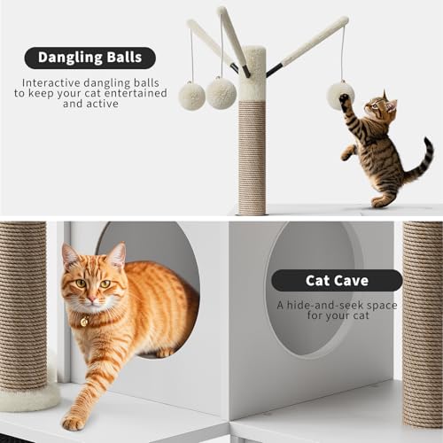 Garvee 53.7-Inch Litter Box Enclosure with Cat Tree, 2-in-1 Modern Large Cat Tower for Indoor Cats with Condo/Hammock/Scratching Post/Plush Perch/Caves, Wooden Hidden Litter Box Furniture, White