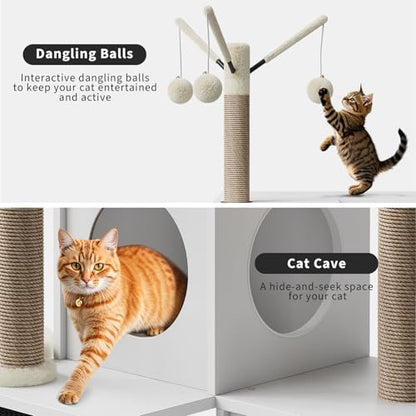Garvee 53.7-Inch Litter Box Enclosure with Cat Tree, 2-in-1 Modern Large Cat Tower for Indoor Cats with Condo/Hammock/Scratching Post/Plush Perch/Caves, Wooden Hidden Litter Box Furniture, White