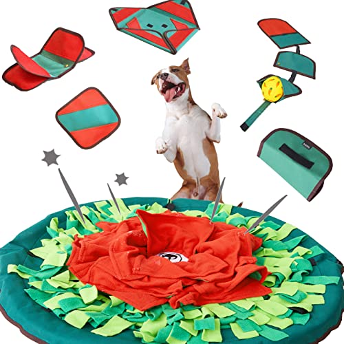 SmellyMatty Snuffle Mat for Dogs - Enrichment Hide & Seek Treat Toys (Large Nosework Sniff Mat + Food Puzzles) - Interactive IQ Game for Boredom (Spring Garden (5 Food Puzzles))