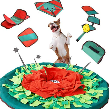 SmellyMatty Snuffle Mat for Dogs - Enrichment Hide & Seek Treat Toys (Large Nosework Sniff Mat + Food Puzzles) - Interactive IQ Game for Boredom (Spring Garden (5 Food Puzzles))