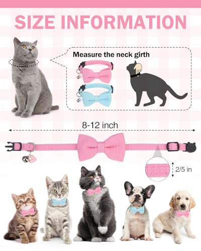 Cat Collar Breakaway with Bells, Soft Cotton Pink Cat Bowtie Collar for Girl Cats, Small Cats Collar with Bow for Spring Summer, 2 Pack Cute Kitten Collars with Removable Bowtie 8-12Inch - color: Light Pink + Sky Blue