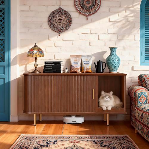 Cat Litter Box Enclosure with Scratch Pad, Sliding Door, 38.5" Cat Litter Furniture Hidden Litter Box Cabinet, Modern Indoor Cat House, TV Stand, Side End Table for Living Room (Walnut) - color: Walnut