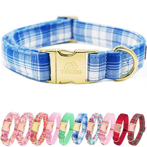 Tunkoo Cotton Dog Collar Blue Plaid Pattern, Adjustable Adorable Checkered Design Dog Collar for Small Medium Large Boys Girls Dogs, XL - color: A - Blue Plaid, size: Extra Large