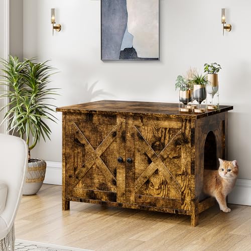 Shintenchi Cat Litter Box Enclosure, Litter Box Furniture Hidden with Removable Divider, Cat House with End Table, Brown, 31.5 inch - color: Brown