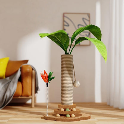 Cat Scratching Post Cat Scratcher Tower with 2-Layer Ball Tracks Interactive Feather Toy Kitten Scratch Post Cat Toy for Indoor 15.4" H Cat Scratch Post with Monstera Leaves - color: Monstera