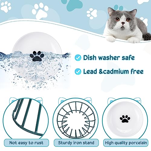Roshtia 4 Sets Elevated Cat Bowls Ceramic Raised Cat Food Bowls with Metal Stand Dishwasher Safe Dishes Non Slip Elevated Food Plate(Green,Paw) - color: Green