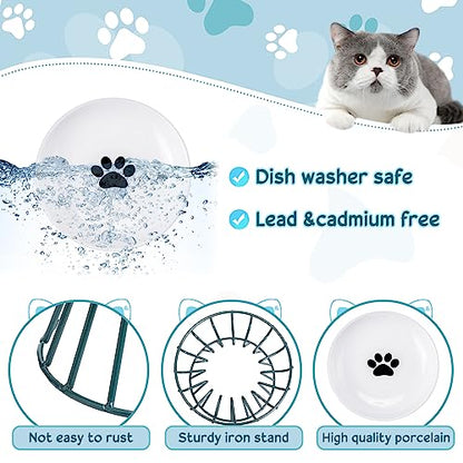 Roshtia 4 Sets Elevated Cat Bowls Ceramic Raised Cat Food Bowls with Metal Stand Dishwasher Safe Dishes Non Slip Elevated Food Plate(Green,Paw) - color: Green