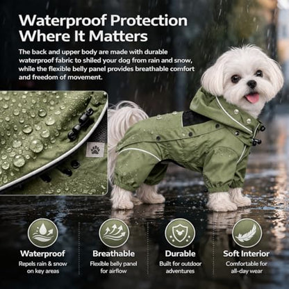 LOVELONGLONG Waterproof Dog Raincoat with Removable Hood – Outdoor Full Body Dog Jacket, Windproof Snowproof Shell Suit – All Season Pet Rain Gear Sage Green XXS - color: Sage Green, size: XXS (Back 9")