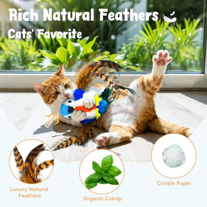 Cat Toys Flapping Bird, Catnip Toys for Indoor Cats Interactive Automatic Kitten Toy Kicker - Baby Plush/Feather/Crinkle, Rechargeable 4 Sounds/Off, Timed & Touch Activated, Clip & Hanging Rope