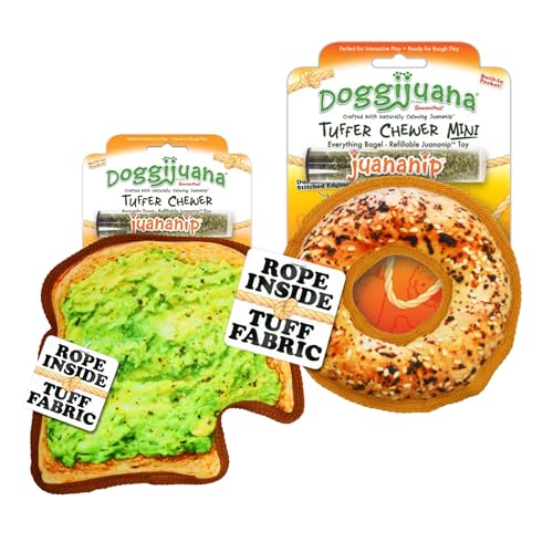 Doggijuana Cafe Combo Refillable Juananip Toy Bundle | Avocado Toast & Everything Bagel | Funny Dog Toy Plush with Catnip and Refill | Interactive Chew for Play - style: Avocado Toast & Everything Bagel