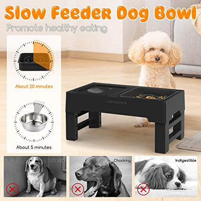 URPOWER 2-in-1 Elevated Slow Feeder Dog Bowls with No-Spill Water Bowl, 4 Height-Adjustable Raised Dog Bowls, Non-Slip Food and Water Bowls with Stand for Small, Medium, Large Dogs, Cats and Pets - color: Black, size: Slow Feeder