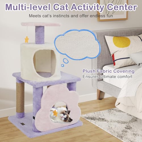 PETSITE 31.5-inch Cute Cat Tree, Multi-Level Small Cat Tree with Scratching Posts, Condo, Star-Shaped Dangling Toys, and Top Perch, Star, Moon & Cloud Elements Mixed, Ideal for Indoor Cats (Purple) - color: Purple