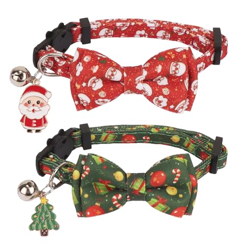 PTDECOR Christmas Cat Collars with Bow Tie Bell, 2 Pack Breakaway Kitten Collar with Removable Bowtie, Santa Box Collar for Cats Kittens - color: Christmas-1