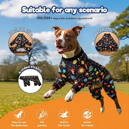 LovinPet Pajamas for Large Dogs, Big Dogs Onesies, Big Dog Pajamas, Post Surgery, Wound Care, Lightweight Stretchy Fabric, Interstellar Black Print, Dog Jumpsuit, Anti Licking, Pet PJ's, 2XL - color: Black, size: XX-Large