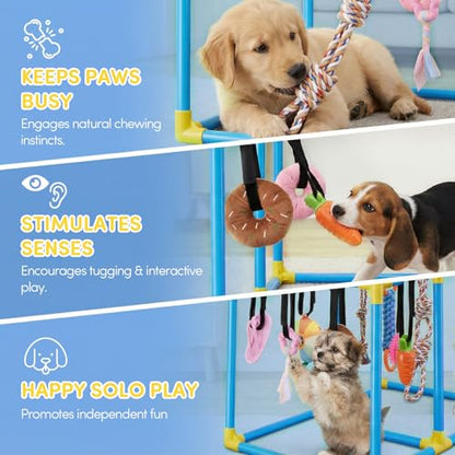 Puppy Play Gym for Small Dogs, Indoor Dog Jungle Gym Activity Center with Stable Frame, Interactive Enrichment Stand for Boredom Relief & Active Play, Includes 12 Toys to Keep Puppies Busy