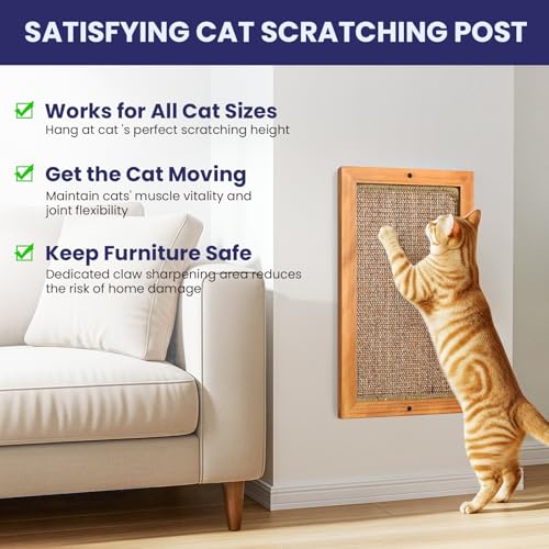 Wooden Sisal Cats Wall Scratcher, Floor or Wall Mounted Cat Scratching Mat, Durable Cat Scratch Pads for Indoor Cats, Framed Sisal Scratch Pad Mat, Wall Cat Scratching Post for Furniture Protector - size: Large