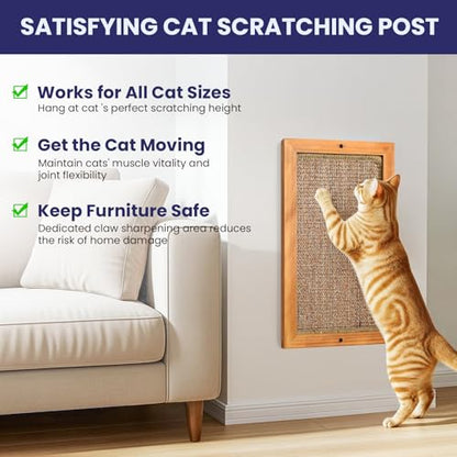 Wooden Sisal Cats Wall Scratcher, Floor or Wall Mounted Cat Scratching Mat, Durable Cat Scratch Pads for Indoor Cats, Framed Sisal Scratch Pad Mat, Wall Cat Scratching Post for Furniture Protector - size: Large