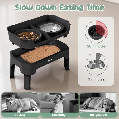 4 in 1 Adjustable Elevated Dog Bowls with 2*Stainless Steel Bowls, Anti-Spill Water Bowl, 4 Heights Raised Dog Bowl Stand for Small to Medium & Growing Large Puppies, Anti-Slip, Mess Proof Design - color: Black