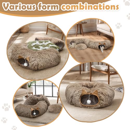 Cat Tunnel Bed for Indoor Cats, Soft Plush Donut Peekaboo Cat Cave, Multifunctional Playground Toy for Small Medium Large Cats, Kittens, Rabbits, Ferrets, with Washable Cushion (Brown) - color: Brown
