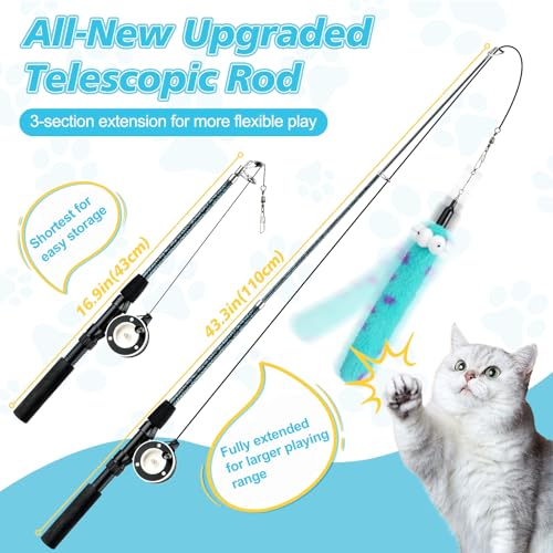 Pawaboo Cat Teaser Wand Toys, Cat Fishing Pole Toy with 3 Pack Feather Refills, 3-Section Retractable Kitten Feather Toys with Pulley, Indoor Cats Teaser Catcher Exerciser with Bell, Blue - color: Plush-Blue