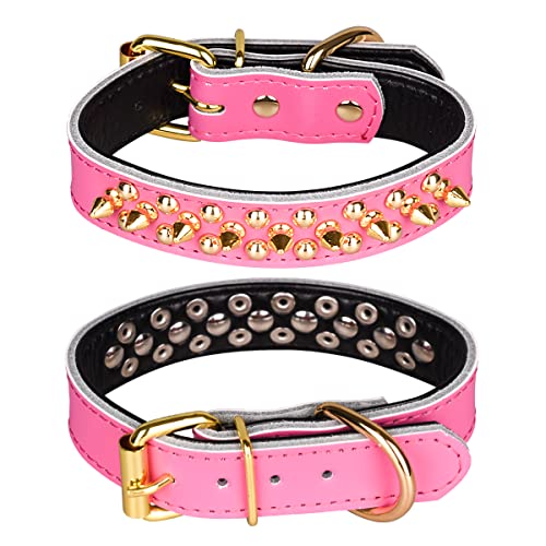 Spiked Studded Dog Collar, Soft Genuine Leather Dog Collar, Adjustable Dog Collars for Small Medium Large Dogs Breeds Pit Bull (S fit Neck 10.5-13", Hot Pink) - color: Hot Pink, size: S fit Neck 10.5-13"