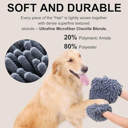 Super Absorbent Dog Dry Bath Gloves, Chenille Microfiber Pet Dirty Dogs Grooming Glove, Suitable for All Dog Breeds, For Wiping Wet Paws and Bodies, Machine Washable 2 Pack