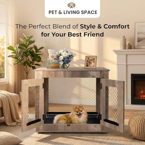 Agitree Wooden Dog Crate Furniture - Wire Mesh Door Decorative Dog Kennel End Table for Puppies, Cats, Rabbits - Indoor Use for Living Room, Bedroom(Gray) 25.59×18.58×21.61 inches