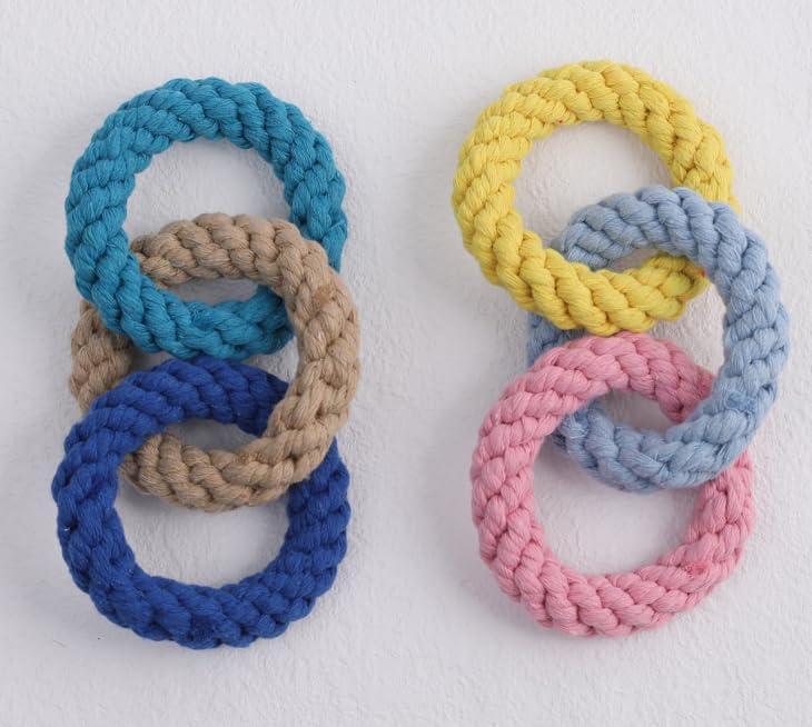 Tri-Color Cotton Rope Dog Toy, Hand-Woven Triple Ring Chew Toy, Durable Knotted Rope for Teething, Training & Interactive Play for Small and Medium Dogs (Pink-Yellow-Light Blue)