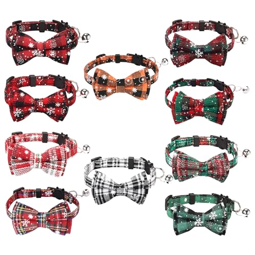 10 Pcs Christmas Cat Collar Breakaway with Bow Tie and Bell Kitten Collars Removable Bowtie Plaid Cat Collar for Cats Kittens Puppy Christmas Supplies - color: colorful
