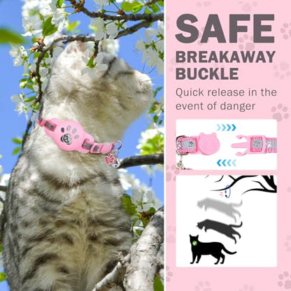 SCENEREAL Airtag Cat Collar Breakaway, Reflective Pink Cat Collar Airtag, GPS Cute Cat Collar with Bells and Apple Air Tag Holder, Glow in The Dark Pet Collars for Boy Girl Cats, Kittens, Puppies