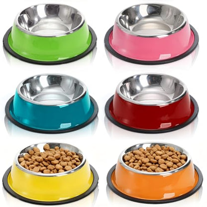 6 Pack Stainless Steel Cat Bowl, 6 Oz Mini Non-Slip Puppy Dog Feeding Bowl with Rubber Base, Small Reusable Shallow Pet Feeder Water Food Dishes for Breeds Under 4 LB (XS)