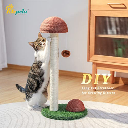 PETEPELA Cat Scratching Post, Mushroom Tall Cat Scratcher Featuring with Natural Sisal Scratching Poles and Interactive Toy Ball for Kittens and Small Cats (Brown) - color: Mushroom Brown, size: 18.9"