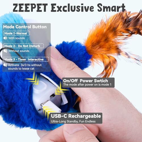 Cat Toys Flapping Bird, Catnip Toys for Indoor Cats Interactive Automatic Kitten Toy Kicker - Baby Plush/Feather/Crinkle, Rechargeable 4 Sounds/Off, Timed & Touch Activated, Clip & Hanging Rope