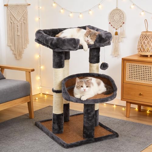Fansafurn Multi-Level Cat Tree for Indoor Cats, Modern Cat Tower with Double Beds & Scratching Posts, 27 in Cute Cat Tree for Large Cats and Kitten, Small Cat Climbing Tower with Hanging Toys, Grey - color: Grey