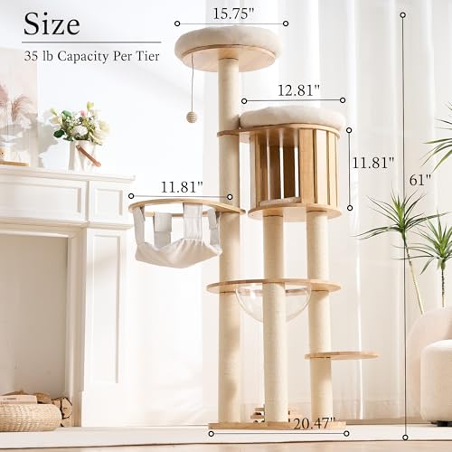 797Audio Wood Modern Cat Tree, 61.5" Cat Tower with Sisal Scratching Posts, Cat Condo, Capsule,Hamnock and Spinner Toy, Solid Wooden Aesthetic Multi-Level Cat Climbing Tree for Adult Indoor Cats-White - color: 62 Inch-Turntable-White
