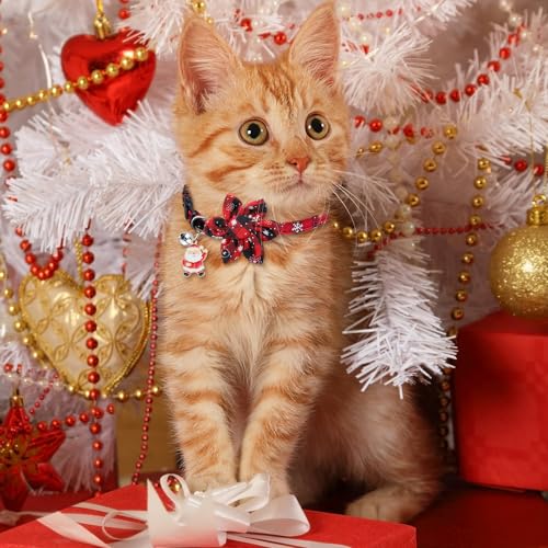 Vellibring 3 Pack Cat Collars, Christmas Flower Kitten Collars with Adjustable Breakaway Bow Tie Bell Plaid Snowflake Xmas Pet Supplies for Cats