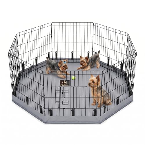 PJYuCien Dog Playpen with Bottom Pad - Metal Foldable Exercise Pen, 8 Panels 24" H x 24" W Indoor Outdoor Pet Fence Puppy Crate Kennel, Gray - color: Gray, size: Small Pen: 24-Inch High