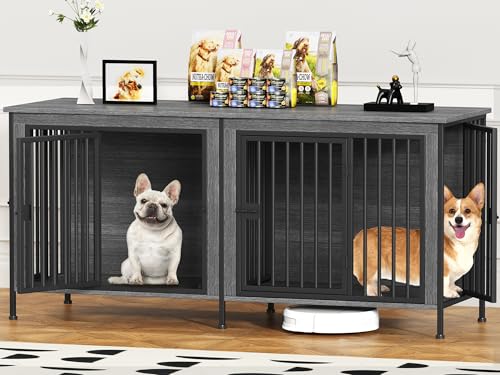EasyCom Dog Crate Furniture for 1 or 2 Dogs, Heavy Duty Single/Double Dog Crates for Small/Medium/Large Dogs, Dog Kennel Furniture Indoor as TV Stand, Medium Size 63" L(20-35 Pounds), Dark Grey - color: Dark Grey, size: 63.0"L x 23.6"W x 27.6"H