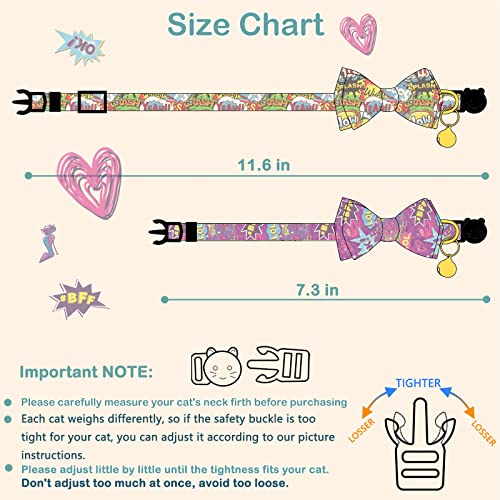 Faygarsle 2 Pack Cotton Designer Breakaway Cats Collar with Bow Tie and Bell Graffiti Style Cat Collars for Girl Female Boy Male Cat Collar with Bell Collars for Cats Purple Yellow - color: Purple&Yellow