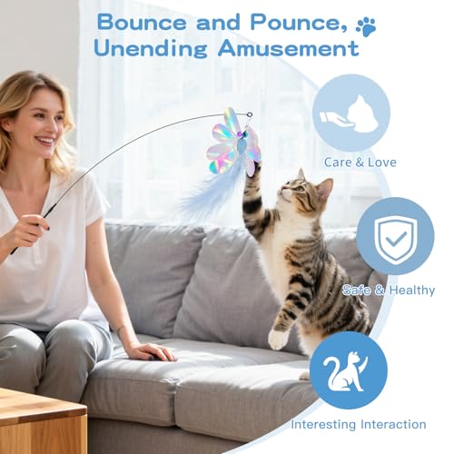 Pawaboo Feather Teaser Cat Toy, Interactive Feather Wand Cats Toy Flying Feathers Cat Catcher with Extra Long 34.5" Wand and Small Bell, Exerciser Playing Toys for Kitten or Cats, Blue Butterfly - color: Blue Butterfly