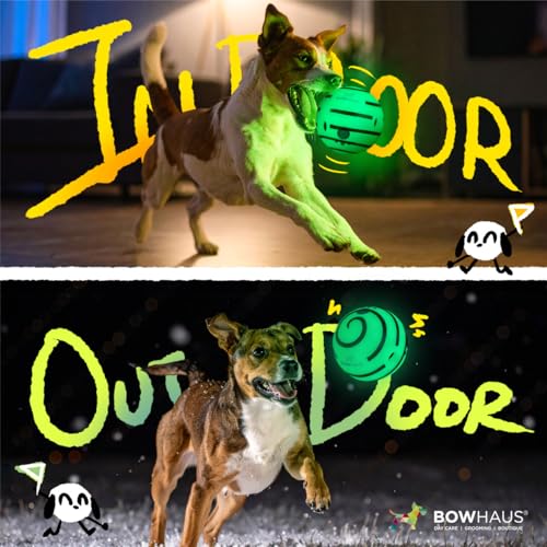 BOWHAUS Giggle Glow in The Dark Ball for Dogs, 5.5 Inch Interactive Dog Exercise Toys, Indestructible Fun Squeaky Chew Toy, Non-Toxic Durable PVC Chew Ball for Indoor Outdoor Play - style: Glowing Ball