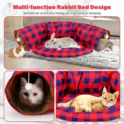 BWOGUE Bunny Tunnel Bed, 2-in-1 Collapsible Tunnel Tubes Toys with Removable Mat Hideout for Cats Kittens Rabbits Guinea Pigs Kitty (RedPlaid) - color: RedPlaid
