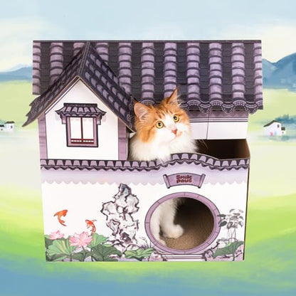 SMILE PAWS Cat Beds for Indoor Cats, Cardboard House with Scratchers, Tea House, Large Sturdy Cat Furniture Condo Cave Tent, Easy to Assemble Pet Toys Accessories Stuffs, Bunny Small Animals - style: Tea House