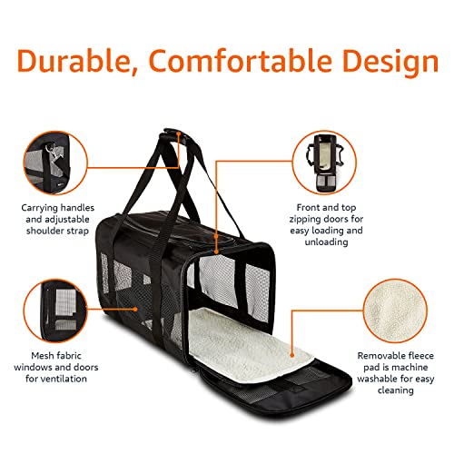 Amazon Basics Airline Approved Soft-Sided Mesh Pet Travel Carrier with Shoulder Strap, Portable, Washable Removable Fleece Pad for Dog, Cat, up to 16 pounds, 16.5" L x 10.6" W x 11" H, Black - size: 16.5"L x 11.0"W x 11.0"H