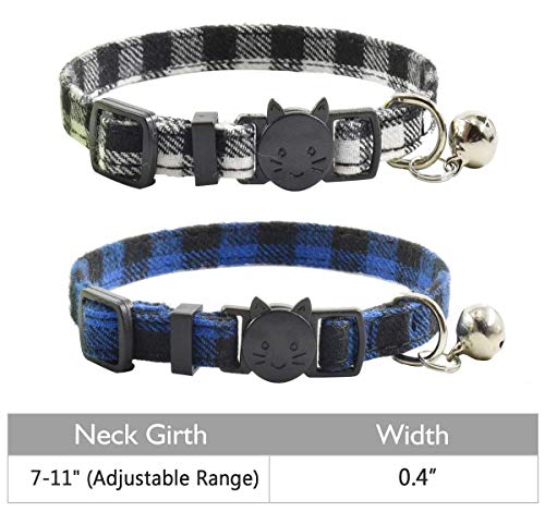 Cat Collar Breakaway with Bell, Cute Plaid Patterns Design Adjustable Kitty Safety Collars 2 Pack Pet Collar for Cats(7-11inches, Black+Blue) - color: Black+Blue