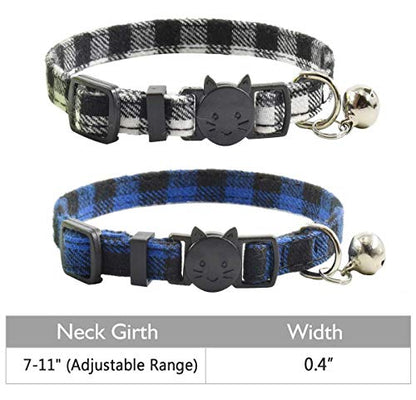 Cat Collar Breakaway with Bell, Cute Plaid Patterns Design Adjustable Kitty Safety Collars 2 Pack Pet Collar for Cats(7-11inches, Black+Blue) - color: Black+Blue